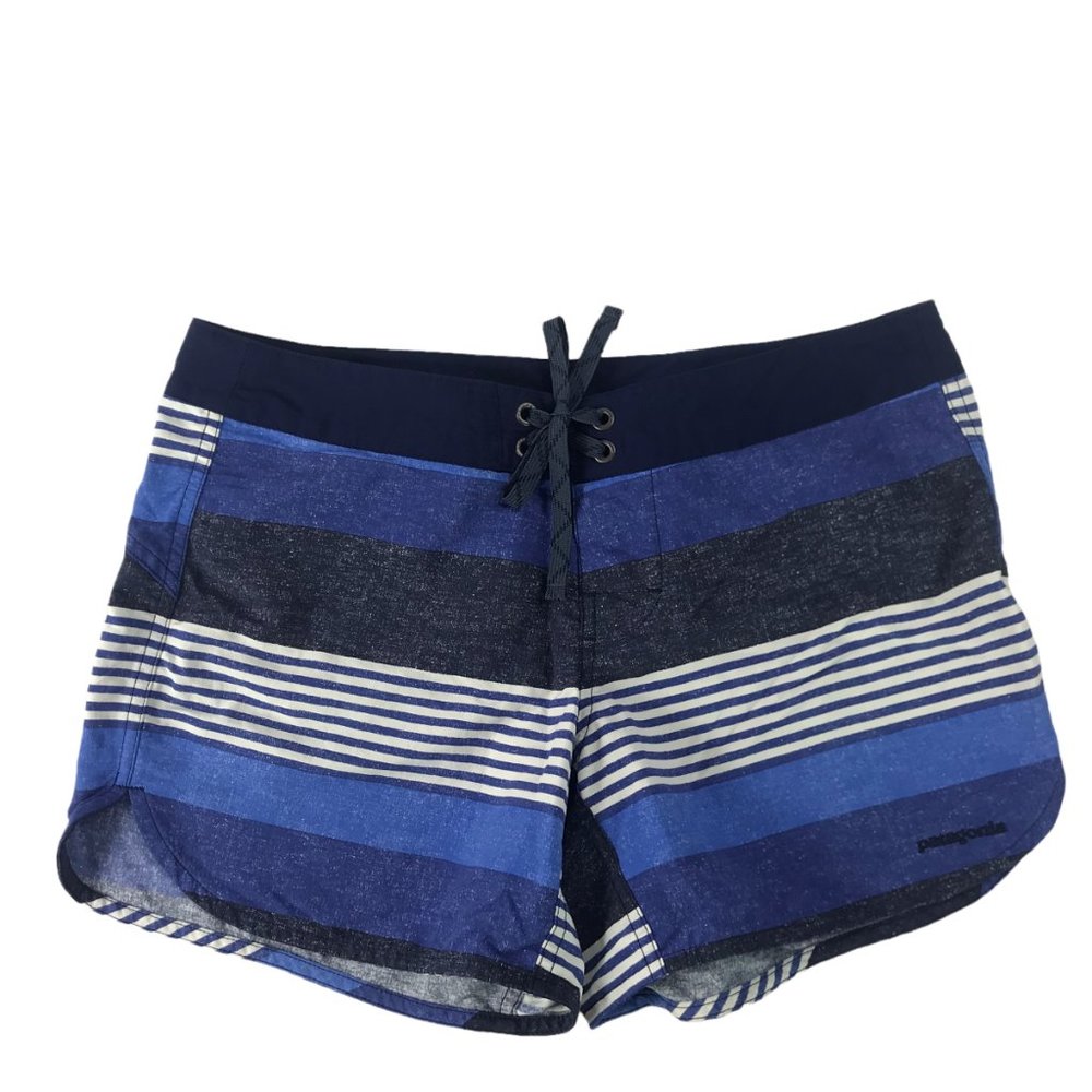 PATAGONIA Board Shorts Striped Blue.  Size Women's 6.  No Lining.  Drawstring.